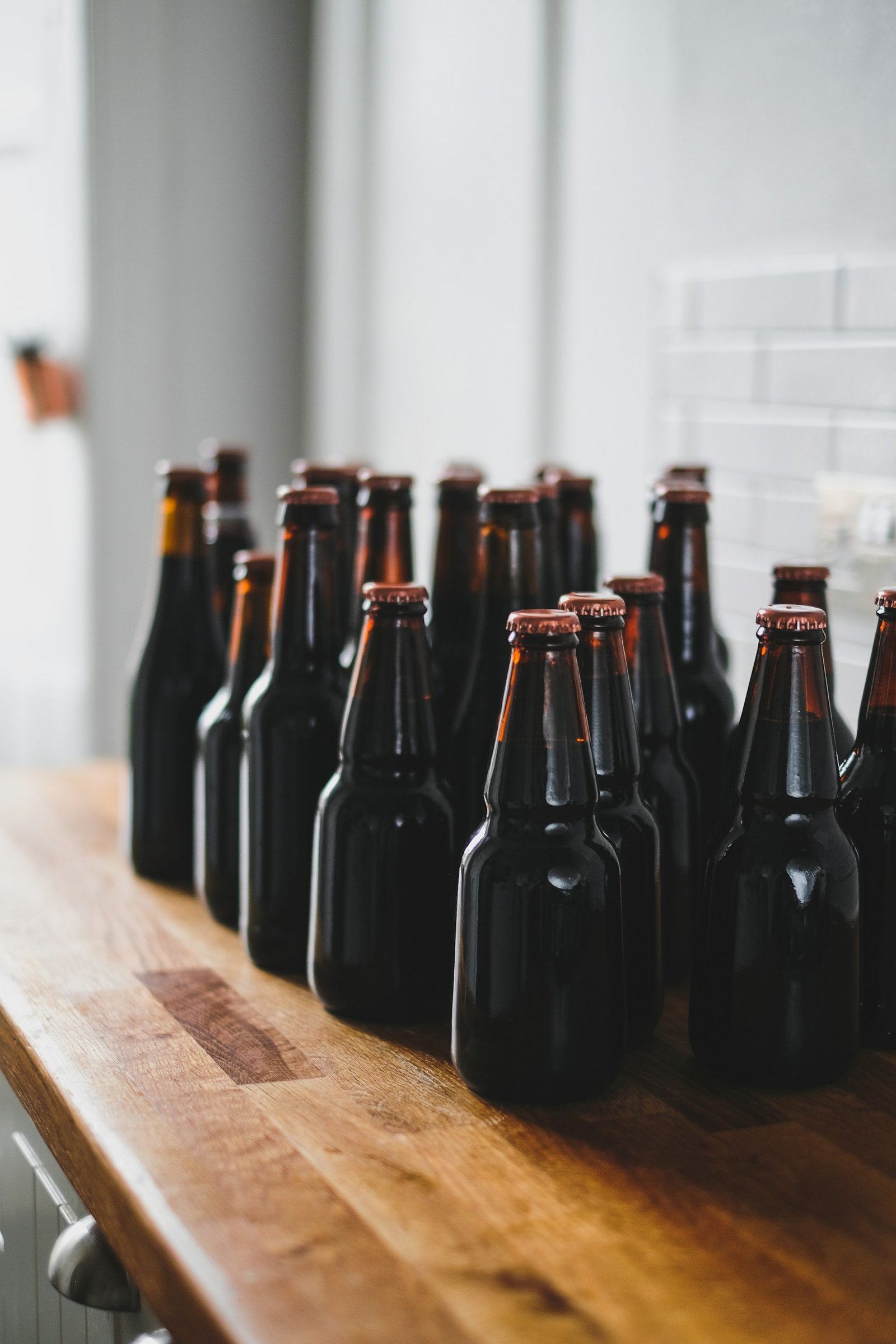 Bottled spirits on a wooden counter